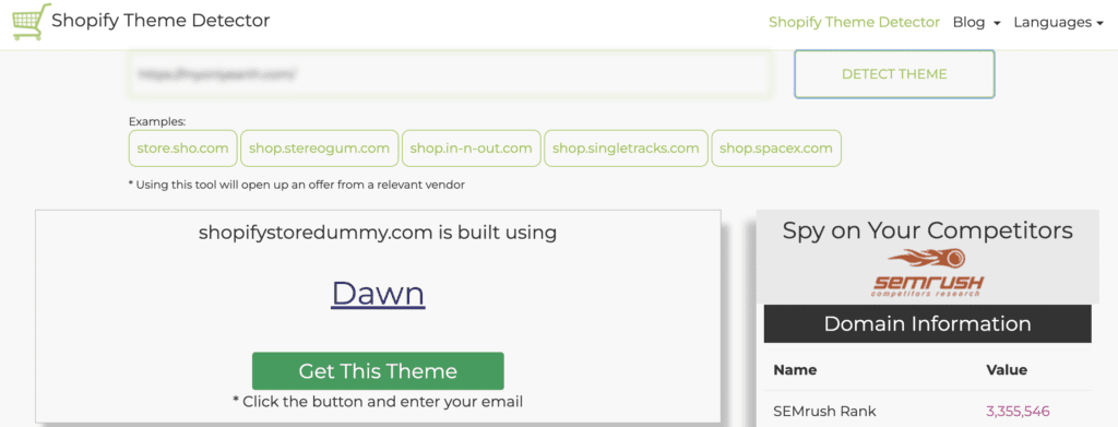 Shopify Theme Detector Example showing Dawn Theme